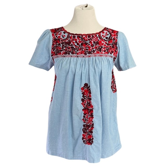 Mi Golondrina Tops - Mi Golondrina Liliana Blouse Blue Red Embroidered Floral Women’s XS